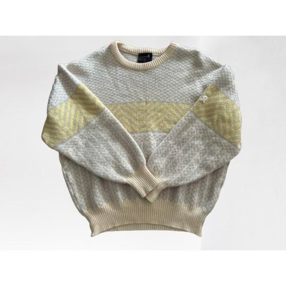 Vintage DEMETRE 100% Wool Knit Sweater Beige & Yellow Geometric Pattern Size XLa - Picture 1 of 12
